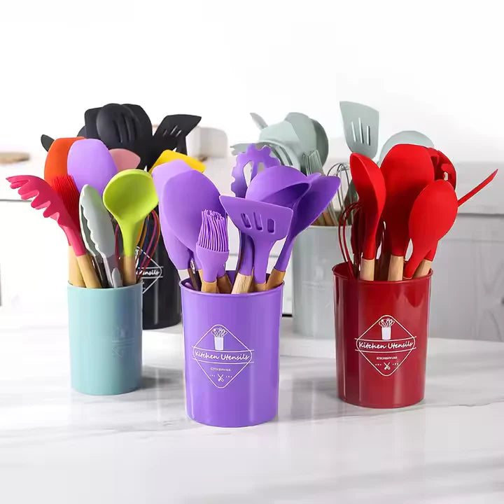 TAQWA™ Premium 12-Piece Silicone Kitchen Utensil Set – Heat-Resistant, Non-Stick Safe with Wooden Handles