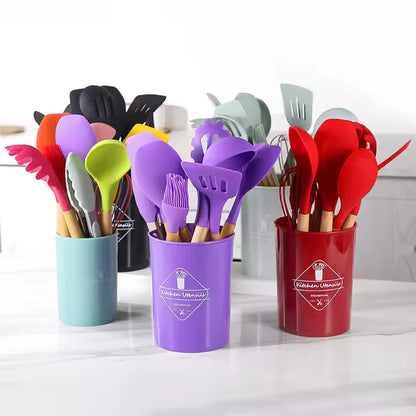 TAQWA™ Premium 12-Piece Silicone Kitchen Utensil Set – Heat-Resistant, Non-Stick Safe with Wooden Handles