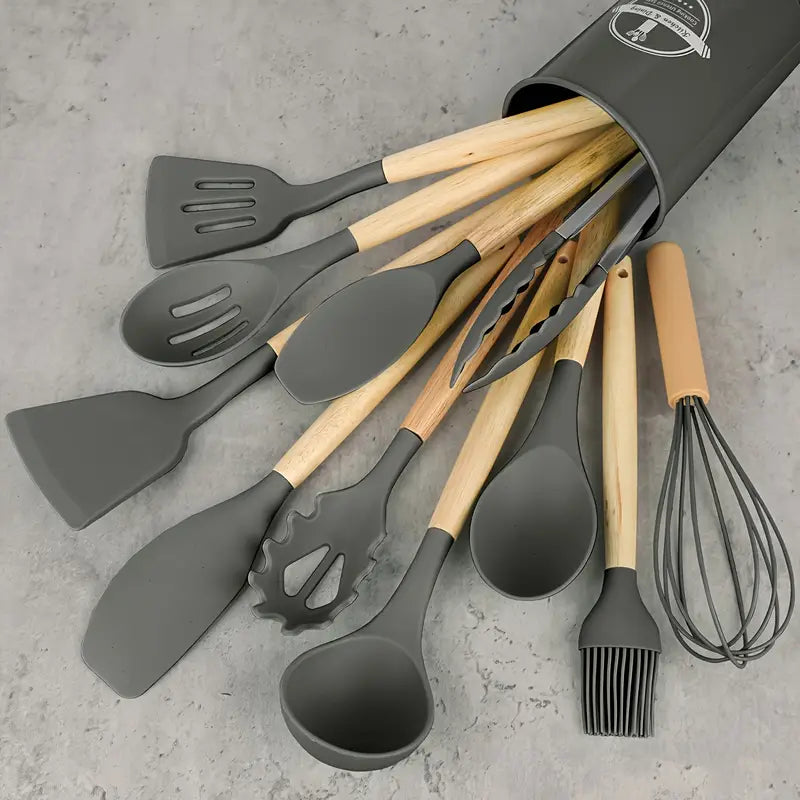 TAQWA™ Premium 12-Piece Silicone Kitchen Utensil Set – Heat-Resistant, Non-Stick Safe with Wooden Handles