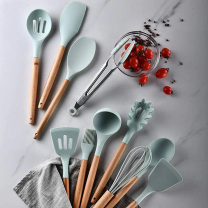 TAQWA™ Premium 12-Piece Silicone Kitchen Utensil Set – Heat-Resistant, Non-Stick Safe with Wooden Handles