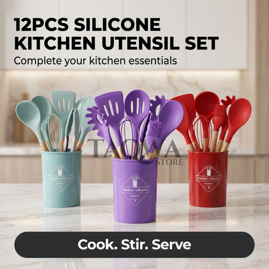 TAQWA™ Premium 12-Piece Silicone Kitchen Utensil Set – Heat-Resistant, Non-Stick Safe with Wooden Handles