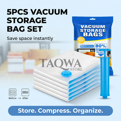 TAQWA™ 5pcs Vacuum Storage Bag Set with Hand Pump - Space Saving Compression Bags